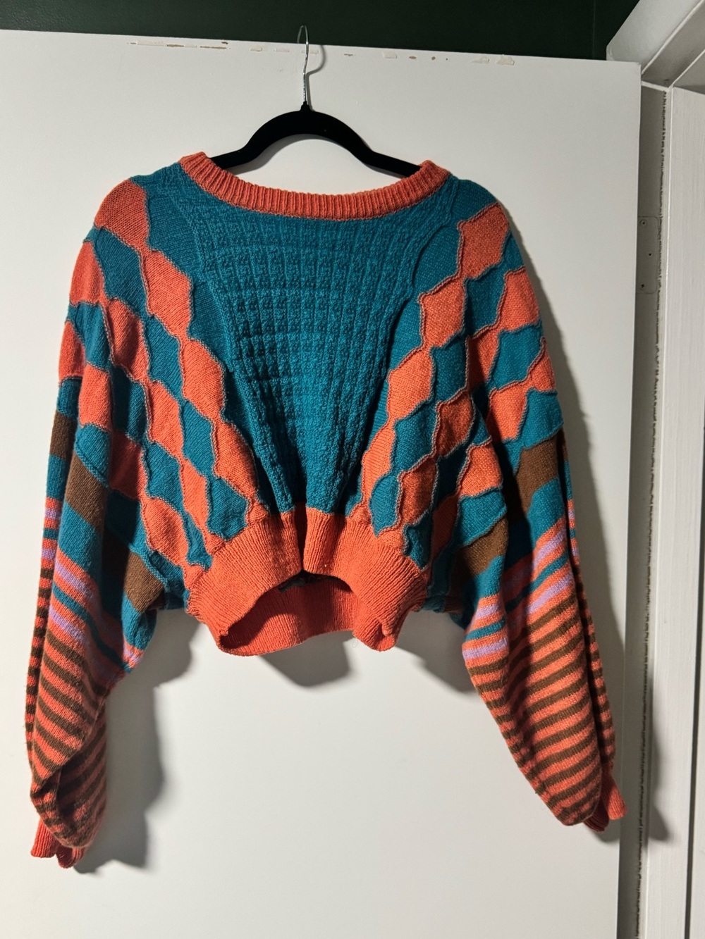 Cider Teal and Coral Geometric Cropped Sweater